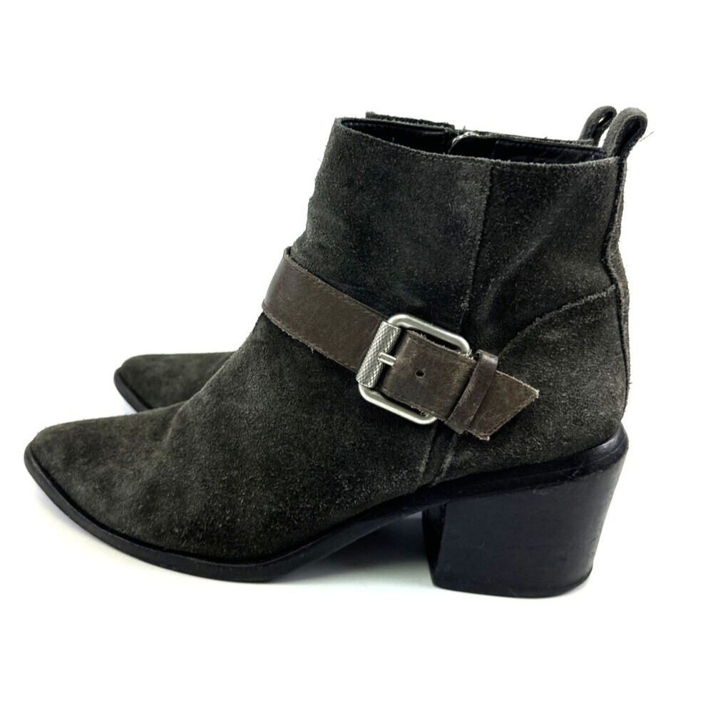 ALLSAINTS Gray Suede Ankle Boot Pointed Toe Buckle Zip Womens 39.5 US 9.5 FAIR